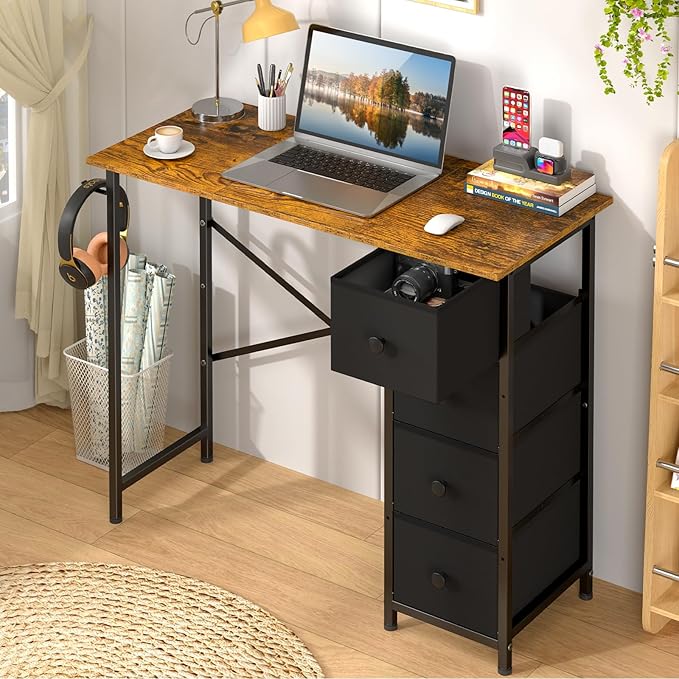 Small Computer Desk with 4 Fabric Drawers 36 Inch Reversible Writing Desk for Home Office Bedroom Modern Simple Kids Student Study Desk with Storage Compact Desk for Small Spaces Rustic Brown