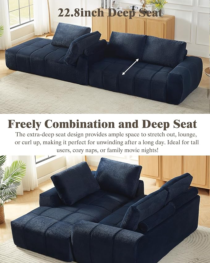 112 Boneless Cloud Modular Sectional Couch for Living Room Left Chaise L Shaped Sofa with Chaise | Faux Fur Fabric | Compressed Foam Sofa for Living Room | No Assembly (Dark Blue-Faux Fur Fabric)