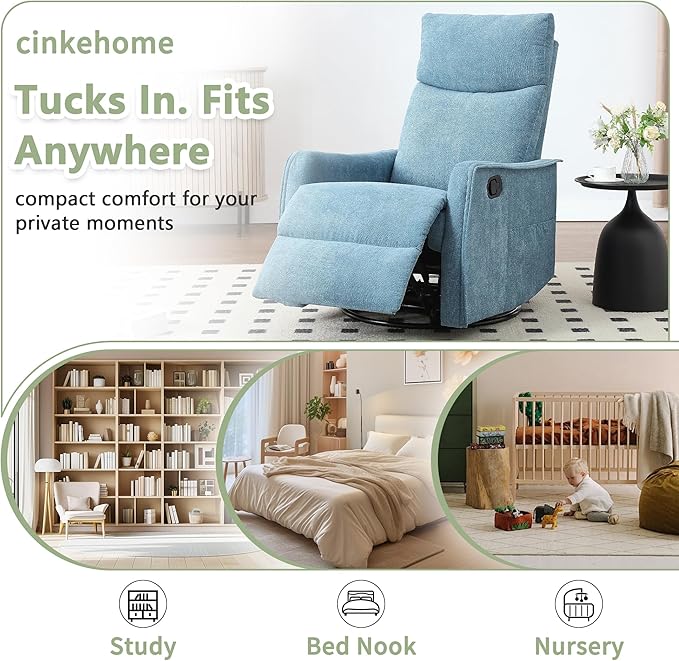 cinkehome Swivel Rocker Recliner Chair with Heated Massage Rocking Reclining Chairs for Nursery Small Spaces High Back Side Pocket