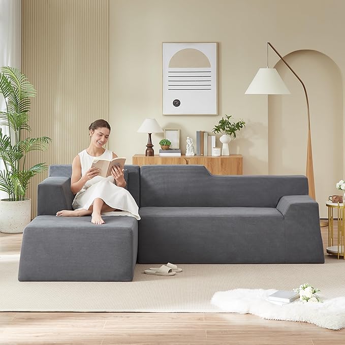 KEIKI 96 L-Shaped Corduroy Modular Sectional Sofa with Left Chaise Lounge &amp High Back &amp High Resilience Cushion Modern Oversized Convertible 3-Seater Couch Easy Assembly for Living Room D