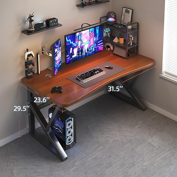 Ergonomic Gaming Desk Ultra Wide Curved Gaming and Office Table Modern Home Desk Gamer Computer Desk (Walnut 31.5″)