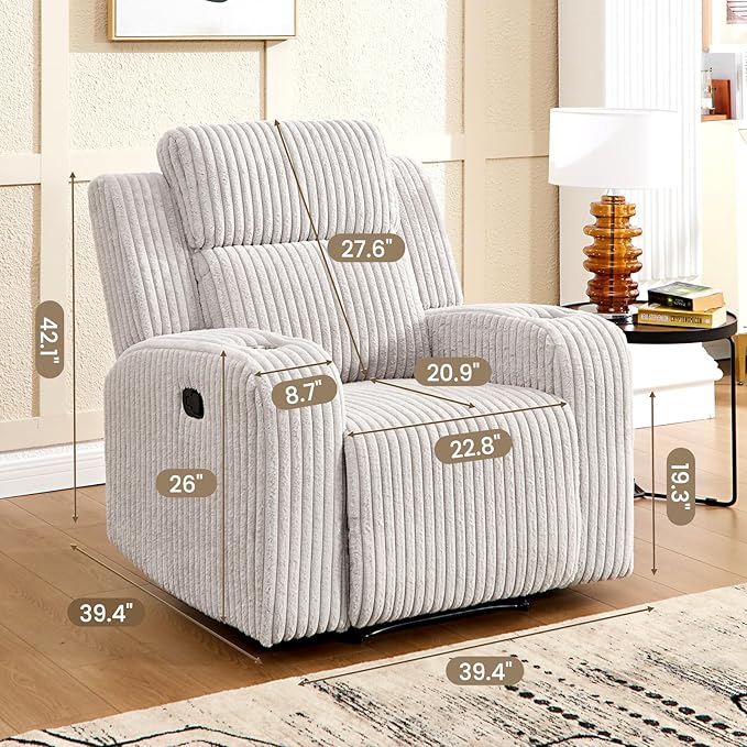 Corduroy Manual Recliner Sofa Set Living Room Furniture Set Reclining Sofa and Loveseat Set Console Cup HoldersGrey(Chair)