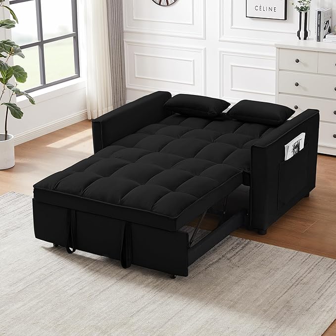 53.5 3-in-1 Convertible Sofa Bed Loveseat Couch With Pull-Out Bed Side Pockets And Adjustable Backrest Suitable For Living Rooms Apt And Offices Velvet Fabric Recliner SofaS Bed (black 53.5)