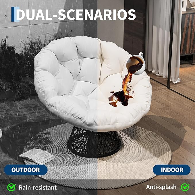 Papasan Chair 37 Ergonomic Wicker Papasan Chair with Extra-Thick Soft Fabric Cushion Heavy-Duty Steel Frame 360° Swivel Base for Living Room Bedroom &amp Reading Nook – White - Black Stand