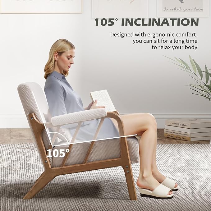 INZOY Mid Century Modern Accent Chair with Wood Frame Upholstered Reading Armchair with Soft Corduroy Fabric Accent Chair for Living Room Bedroom Apartment Easy Assembly Beige