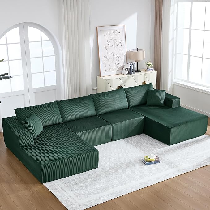 Modular Sectional Sofa146 U-Shaped Boneless Sofa for Living RoomOversized 4-Seater Deep Seat Cloud CouchesCorduroy Upholstered Corner Sofa CouchNo Assembly RequiredGreen