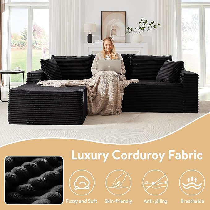 Cloud Sectional Couch with L-Shape Chaise 105 Modern Minimalist Modular Sectional Sofa Fluffy Corduroy Upholstered Couches for Living Room No Assembly Required (Black Left Facing Chaise)