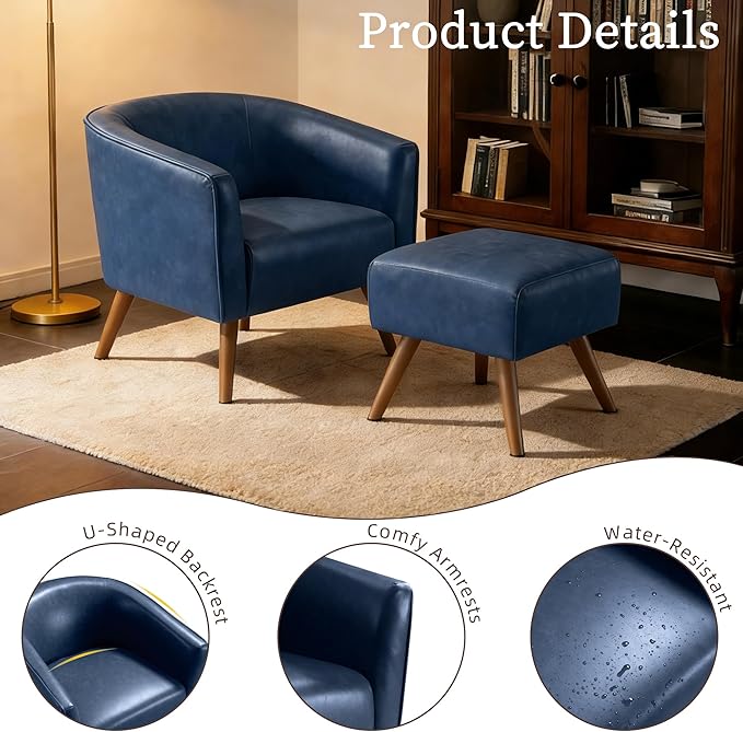 EJUNQ Accent Chair with OttomanModern Barrel Chair and FootrestMid Century Living Room ChairsUpholstered Armchair for Living Room/Bedroom/Reception Room/OfficeDark Blue