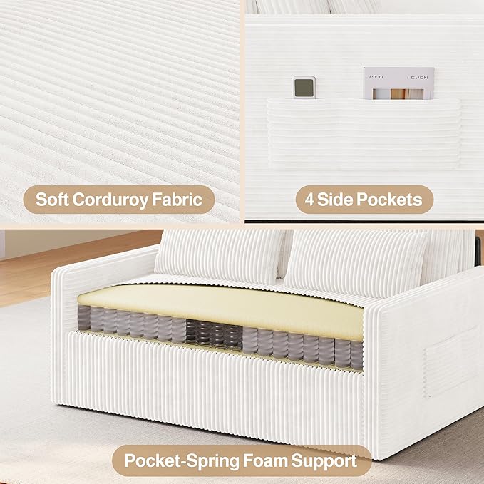 Ahomly Convertible Loveseat Sleeper Sofa Bed 3 in 1 Pull Out Couch Bed with 77.2'' Sleeper Length Corduroy Sofa with 8.7'' Ground Clearance for Living Room Bedroom Beige