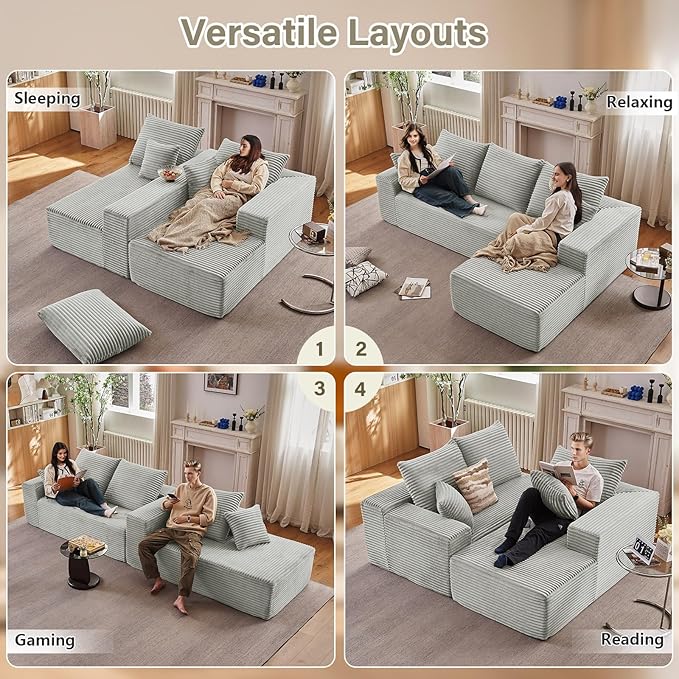 107 Cloud Sectional Couch with L-Shape Chaise Modern Modular Comfy Sofa Chaise Longue Upholstered Corduroy Couches Sleeper with Deep Seat for Living Room Bedroom No Assembly Required Grey