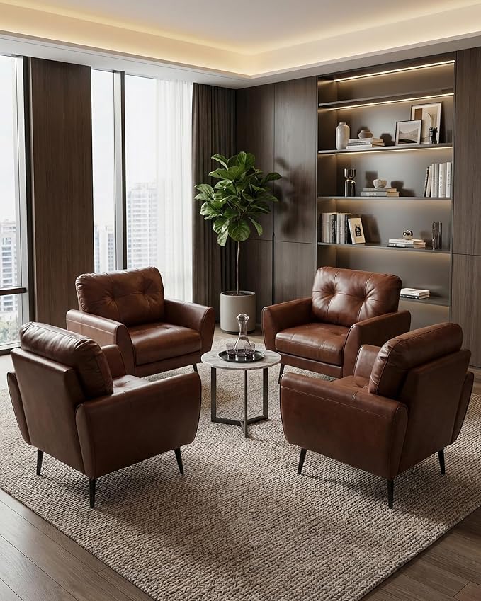 TYBOATLE Accent Chairs Set of 2 Comfy Modern Living Room Brown Leather Reading Accent Chairs Tufted Mid Century Arm Chair Small Salon Chair for Office Bedroom (2 Brown)