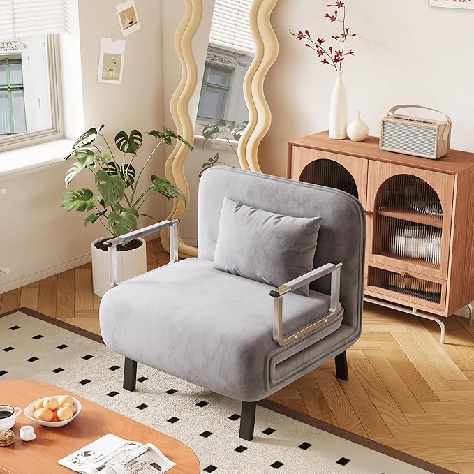 55″ Tri-Folding Queen Sleeper Sofa Velvet Loveseat with Adjustable Backrest – Convertible Sofa Bed for Adults Suitable for Bedroom &amp Living Room (Light Gray Width: 31.5 inches)