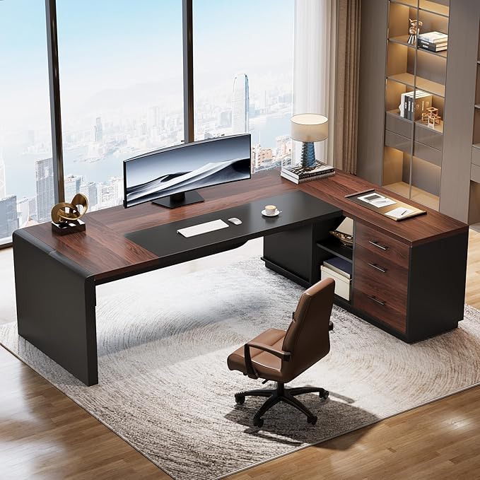 Tribesigns 80'' L-Shaped Desk Large Executive Office Desk with 55'' Drawers Cabinet Modern Computer Table with Storage Shelves Business Furniture for Home Office Walnut &amp Black