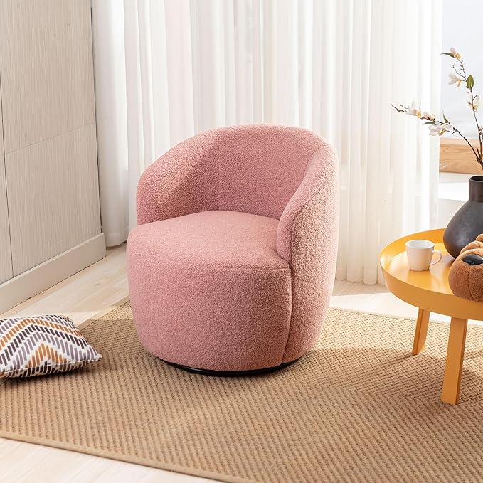 Swivel Barrel Accent Chair 360° Swivel Chair with Black Powder Coating Metal Ring Small Leisure Chair Single Sofa Chair for Living Room Hotel Bedroom Office Coffee Shop (Pink + Wool)