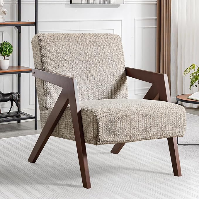 Bonzy Home Mid-Century Modern Accent Chair with Solid Wood Frame Upholstered Armchair for Bedroom &amp Living RoomReading Side Chair with Soft Lien Fabric CushionEasy Assembly