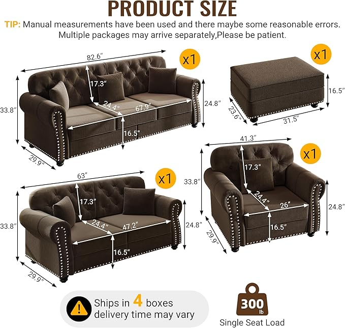 4 Pieces Chesterfield Sofa Set with Ottoman 1&amp 2&amp 3 Seater Comfy Tufted Velvet Couch with Rolled Arms &amp 6 Pillows Mid Century Modern Couch and Loveseat Vintage Living Room Sets Furnitur