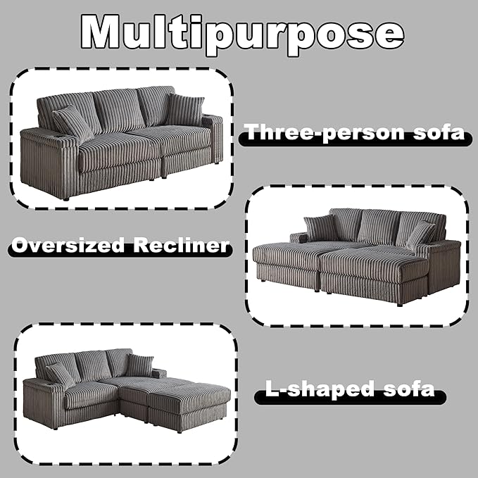 84Inch Corduroy 3-Seater Sofa with 3 Back Pillows2 toss Pillows a Ottoman2storage Spaces and Cup-Holding Grooves Comfy Sofa- Deep Seat Couch for Living RoomGrey