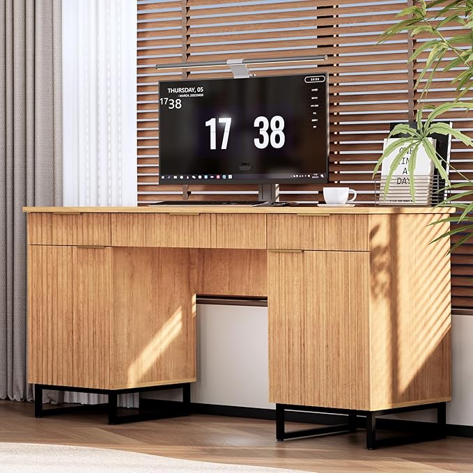 55 Fluted Executive Desk with File DrawerWooden Computer Desk with StorageLight Wood Modern Office Desk for Work and StudyingNatural Oak (1 Natural Oak)