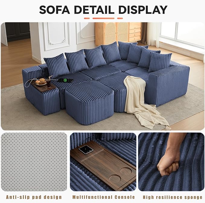 KEIKI 137.5 Modular U-Shape Sectional Sofa Extra-Large Corduroy Couch with Movable Footstool Cup Holders &amp Wireless Charging Board No-Assembly Flexible Seating for Apartments &amp Entertainin