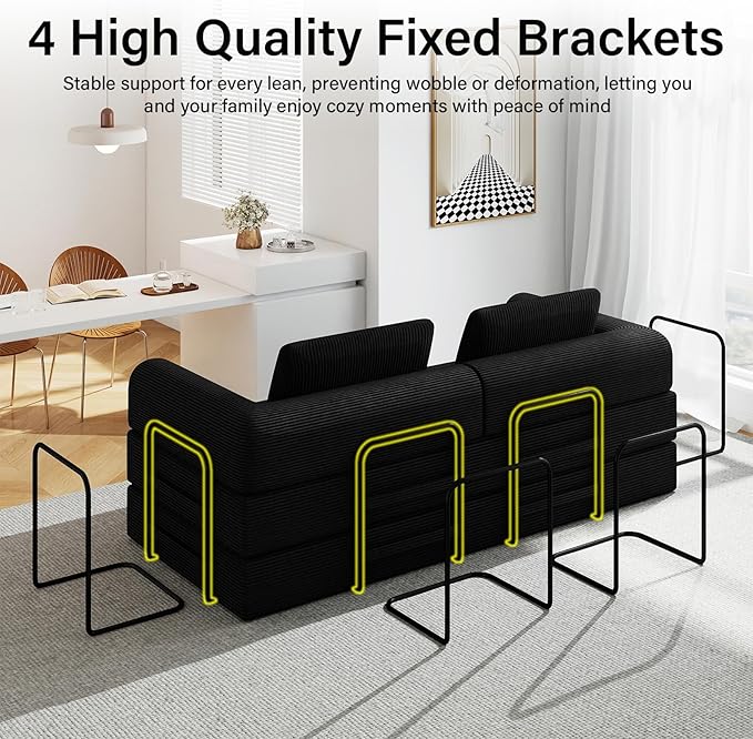 78'' Sleeper Couch Bed for Living Room Convertible Modular Sofa with Fixed Frame &amp Side Pocket Corduroy Futon Boneless Couches in a Box No Assembly Black