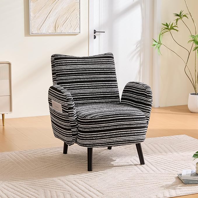 Modern Upholstered Armchair with Side Storage Pocket Fabric Reading Chair with Solid Wood Legs Ergonomic Accent Chair for Living Room Bedroom &amp Office (Black)