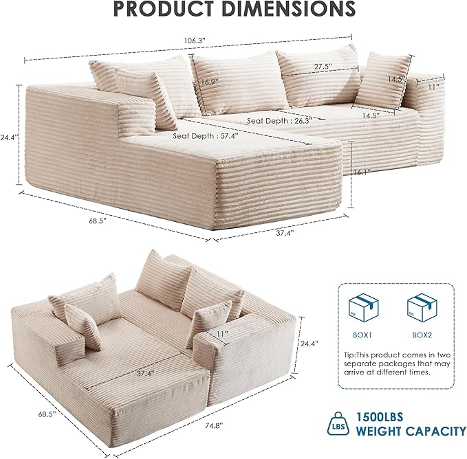 107 Cloud Couch Modular Sectional L Shaped Couch with Chaise Deep Seat Sofa Fluffy Corduroy Couches Boneless Couch for Living Room White Left Facing Chaise
