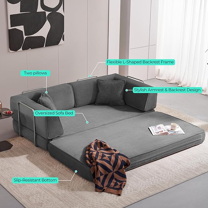 LINSY HOME Sofa Bed Couch - Convertible Boneless Couch Bed with 2 Pillow (Grey) | Folding Sofa Bed Corduroy Material No Assembly Compressed Sofa Couch in a Box
