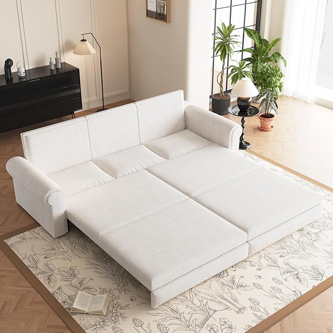 King Size 93.7 Pull Out 3 Seat Sofa with 2 Pillows 3-in-1 Velvet Fabric Convertible Sleeper Sofa Bed Fold Couch for Living Room Office and Small Space Beige