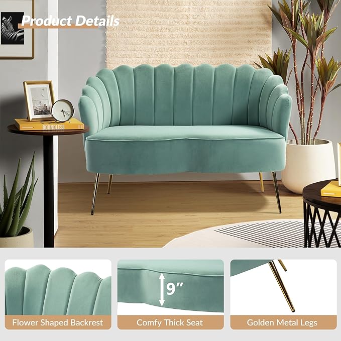 Velvet Upholstered Loveseat Sofa with Gold Metal Legs Modern Comfy Small Love Seat with Flower Shaped Back 2-Seater Sofa Accent Couch for Living Bedroom Leisure Areas