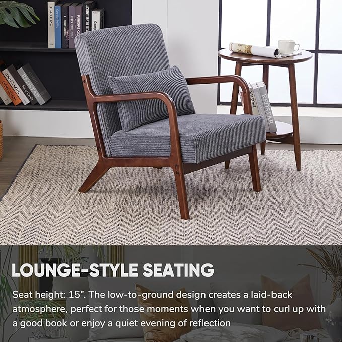 JOYBASE Mid Century Modern Accent Chair Lounge Reading Armchair with Wood Frame for Living Room Office Bedroom (Polyester Fabric Antique Grey)