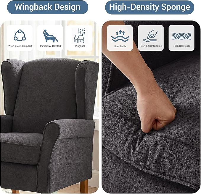 High Back Wingback Accent Chair Modern Upholstered Armchair Comfy Reading Chair with Solid Wood Legs for Living Room Bedroom Library Dark Grey