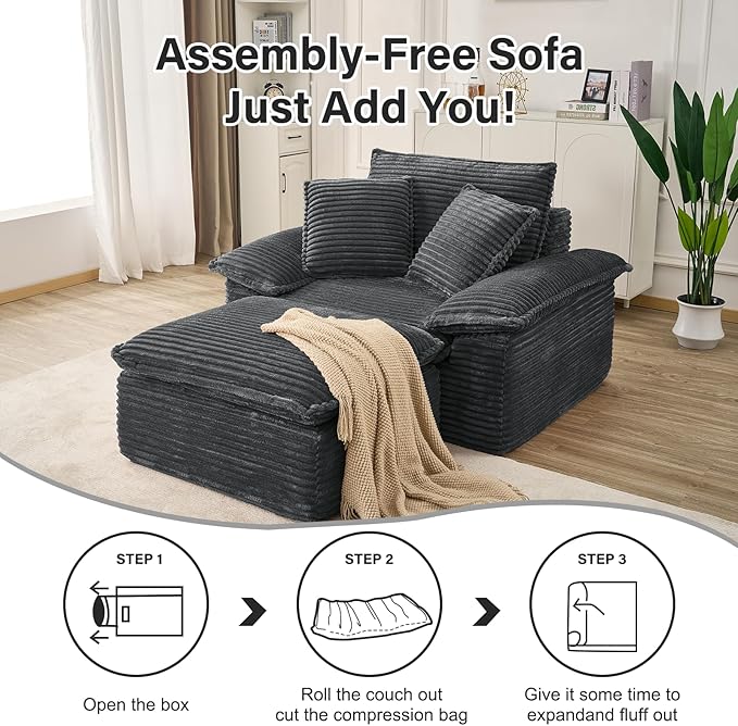 Convertible Sofa BedSleeper Sofa with Deep SeatComfy Corduroy Fluffy Boneless Couch with Movable OttomanCloud Couch for Small PlaceNo Assembly Required.（SingleDark Gray）