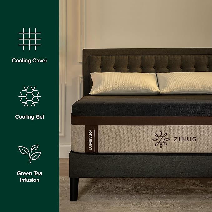 Zinus Lumbar+ Premium 14 Inch Memory Foam Mattress Lumbar Support Targeted Pressure Relief Cooling Gel and Green Tea Cool-to-The-Touch Cover Medium Firm Feel CertiPUR US Certified Queen