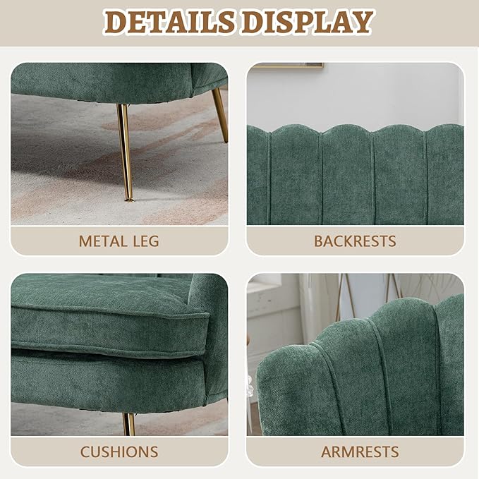 59 Small Loveseat Sofa 2-Seater Modern Chenille Couch with Gold Metal Legs &amp Floral Backrest Compact Apartment Sofa for Living Room Bedroom Office Dorm (Chenille Green)