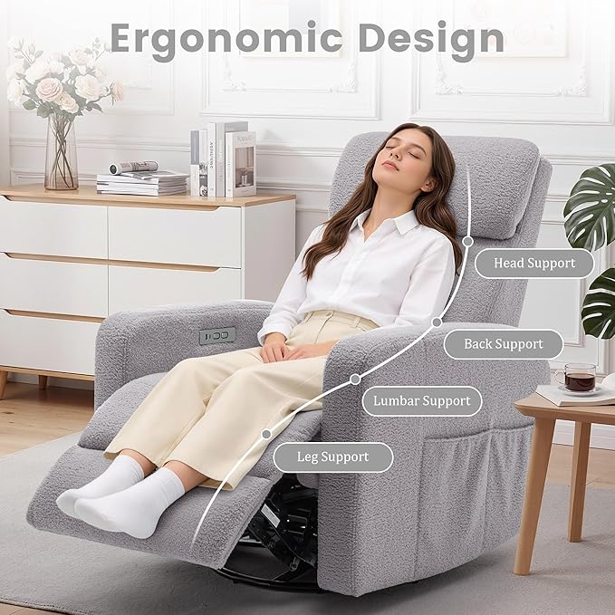 Power Swivel Recliner Chairs for Adults Electric Glider Rocking Chair Nursery Glider Recliner Nursery Chair with Classified Side Pocket Nursery Rocking Chairs with USB and Type-C Ports