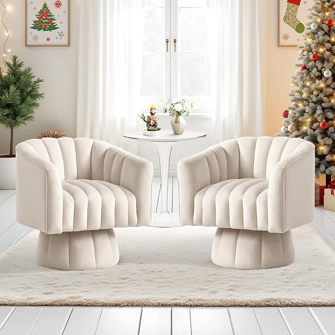 YSICK Swivel Accent Chair 360°Swivel Barrel Chair Modern Ottoman with Velvet Fabric Mid-Century Ottoman with Wide Upholstered Round Armchair for Living Room Lounge BedroomBeige