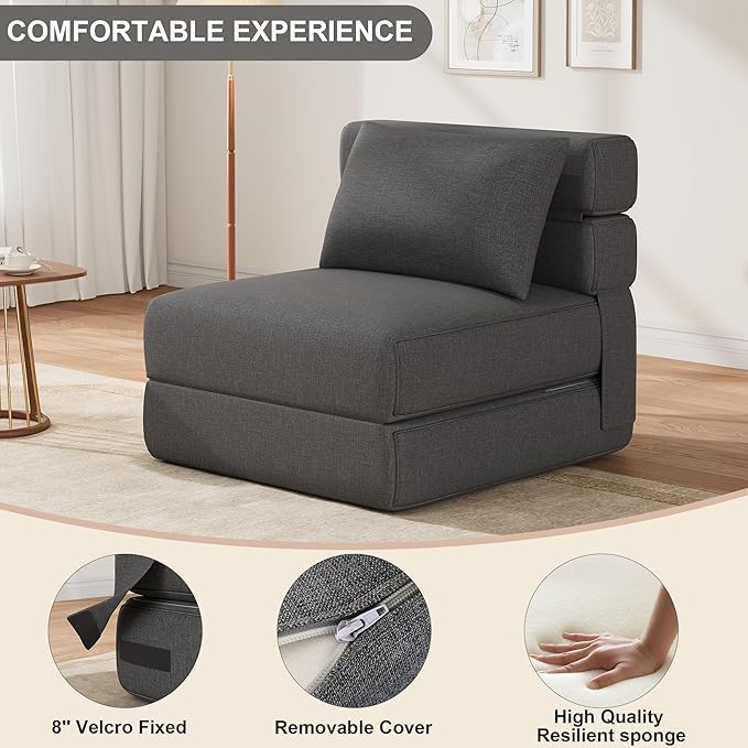 Folding Sofa Bed - Convertible Sleeper Chair with Upgraded Pillow Modern Comfortable Sleeper Couch Linen Fabric Foldable Memory Foam Sleepers Comfy Floor Sofa for Living Room Bedroom Single
