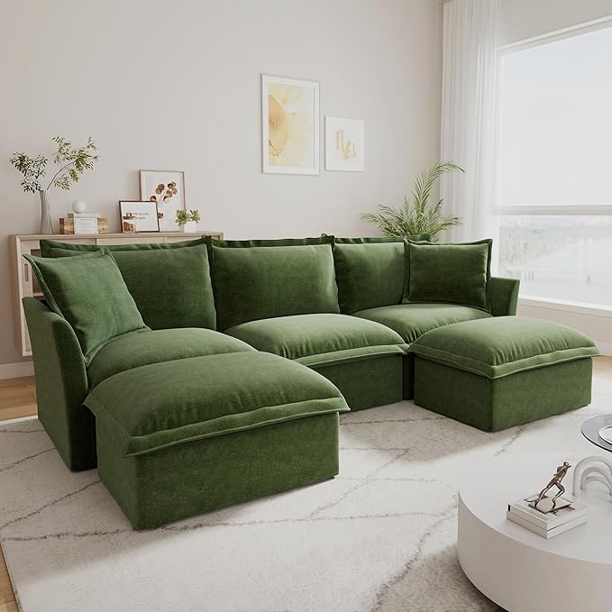 120 Inch 3-Seater Oversized Sectional Sofa with 2 Ottomans - Wide Deep Seat Removable Washable Chenille Fabric for Living RoomGreen