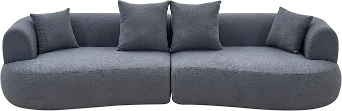 Oversized Sectional Sofa for Living Room 122 Modern Plush Teddy Fabric Sofa 4-Seater Extra Deep &amp Wide Seat Curved Cloud Couch with 4 Throw Pillows Grey
