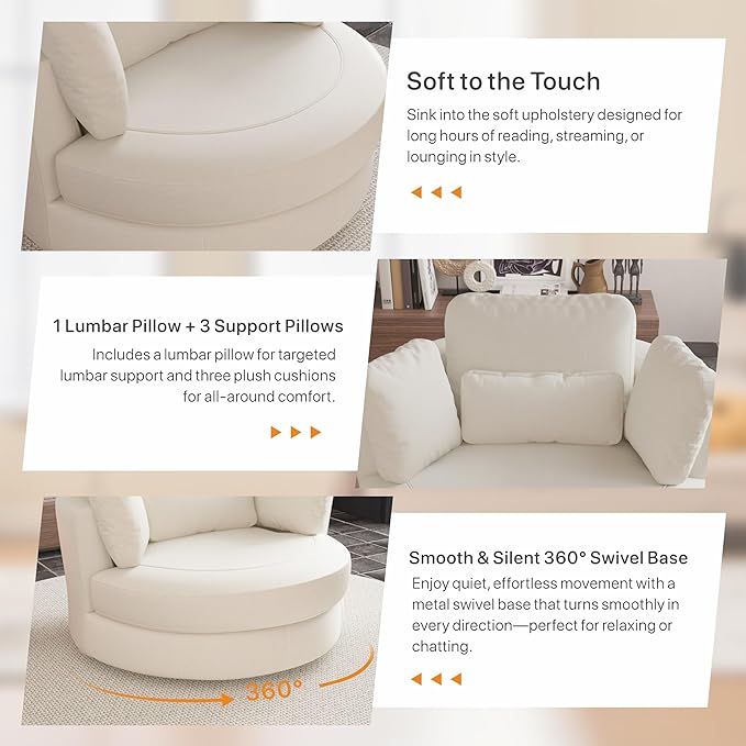 49.6''W Swivel Accent Barrel Chair Oversized Chenille Upholstered Round Single Couch Sofa with 4 Pillows for Living Room Apartment Bedroom (Beige).