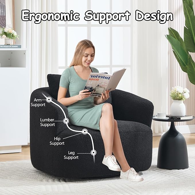 360°Swivel Accent Chair 37.4W Boneless Oversized Chair Teddy Velvet Comfy Armchair Foam &amp Spring Filling for Living Room Bedroom Apartment Office No Assembly