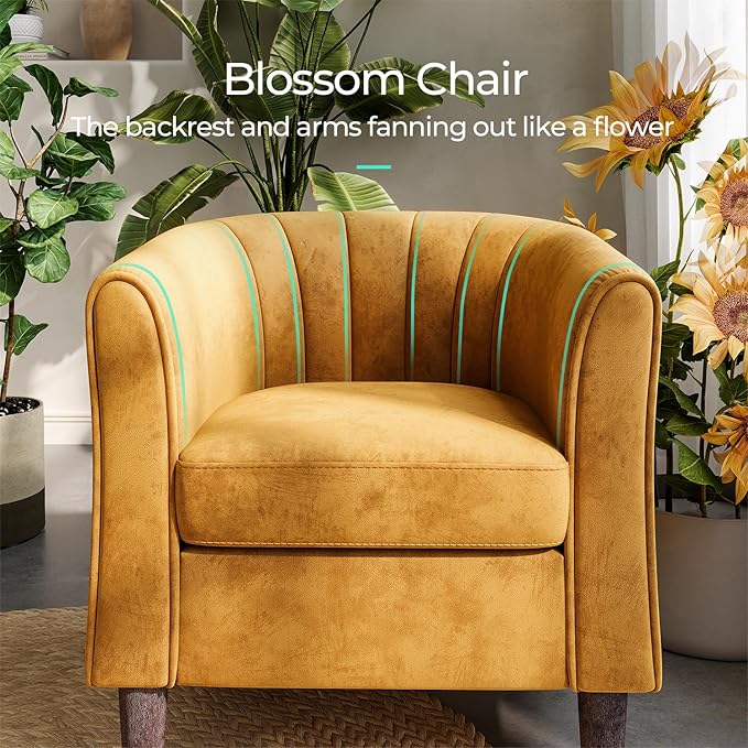 LINSY Accent Chair with Ottoman Modern Armchair Comfy Barrel Reading Chair with Footrest for Living Room Bedroom Reading Room Velvet Yellow