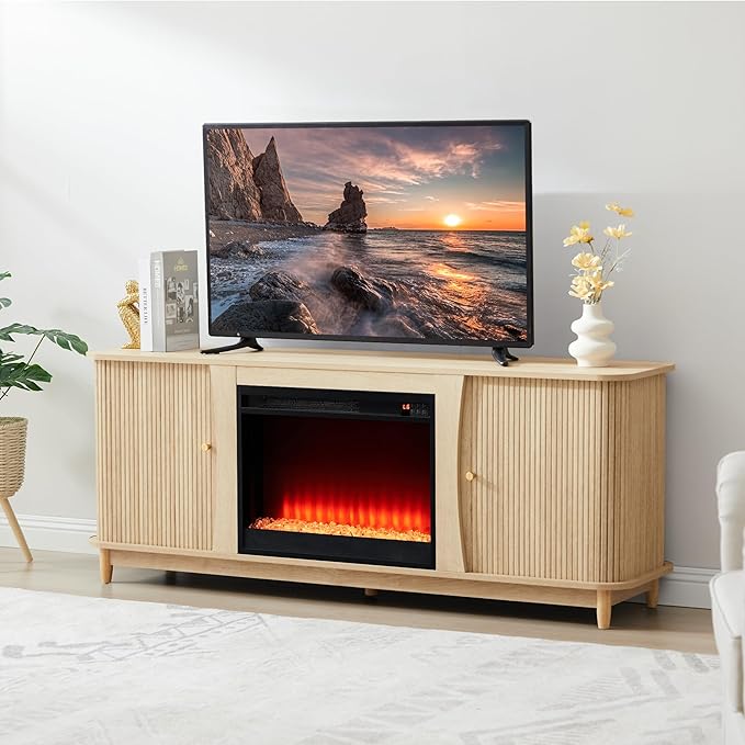 Fireplace TV Stand Fluted TV Stand with Storage and Sliding Door Farmhouse Entertainment Center Media Console Table for Living Room (Natural)