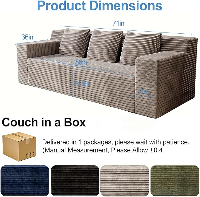 71 Small Boneless Couch Corduroy 3 Seater Couch for Living Room with 3 Pillows &amp Armrests Deep Seat Sofa for Small Spaces Apartment﻿ (Camel) | Small Boneless Couch