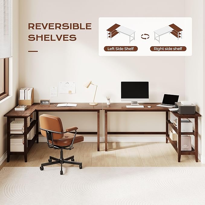 IOTXY Reversible L-Shaped Office Desk - 63 Extra Large Corner Computer Table with Storage Shelves Solid Wood Legs Home Writing &amp Study Workstation Walnut