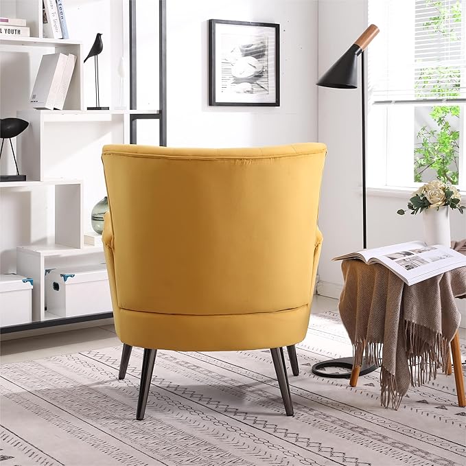 Living Room Chairs Button Tufted Accent Chairs Comfy Bedroom Chair Velvet Side Sitting Chairs Modern Fabric Sofa Slipper Chair for Reading Yellow
