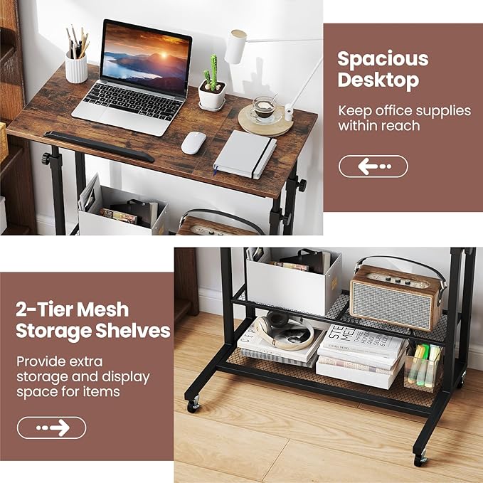 Tangkula Mobile Computer Desk Cart Height Adjustable Rolling Laptop PC Desk with Tilting Tabletop &amp Storage Shelves Small Compact Desk on Wheels for Small Space Living Room &amp Bedroom (Rusti