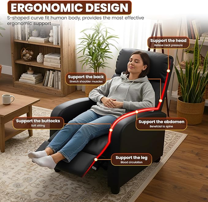 BestMassage Recliner Chair with Adjustable Backrest &amp Footrest PU Leather Armchair with Lumbar Support for Living Room Home Theater Bedroom (Dark Black)