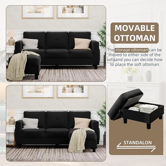 JAMFLY Convertible Sectional Couches for Living Room L-Shaped Couch 3 Seat Sectional Sofa Set with Corduroy Fabric and Movable Ottoman Small Couch for Apartments Office(Black)