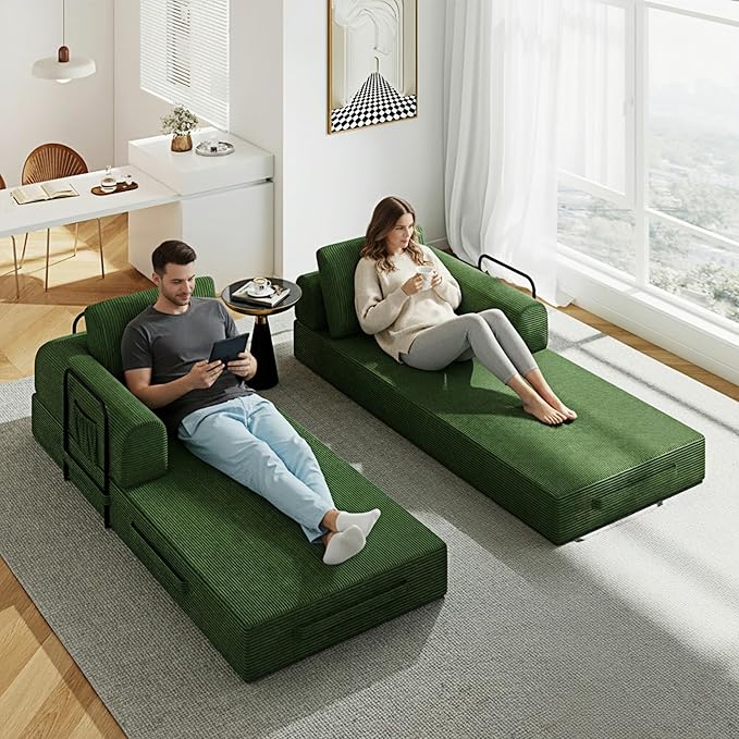 Convertible Sofa Bed 5-in-1 Pull-Out Futon Boneless Couch for Living Room &amp Guest Room Corduroy Sleeper Sofa with Steel Support Brackets 78.7 3-Seater with 2 Pillows (Jade)